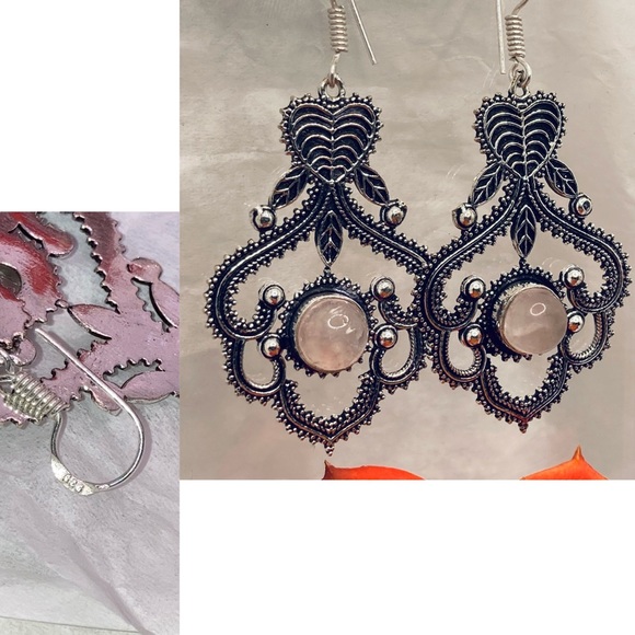 Unique Rose Quartz Gemstone Handmade Antique Style Halo Earrings - Picture 4 of 4